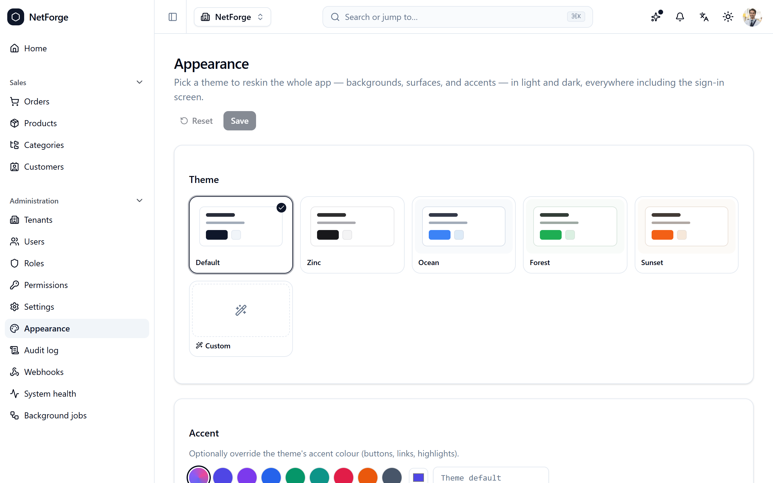 The appearance customizer — curated full themes and an accent color, applied live across the whole app
