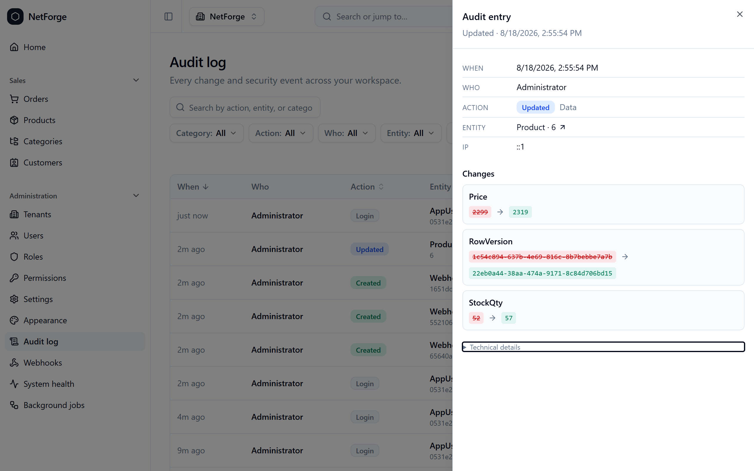 Audit log with before/after diff