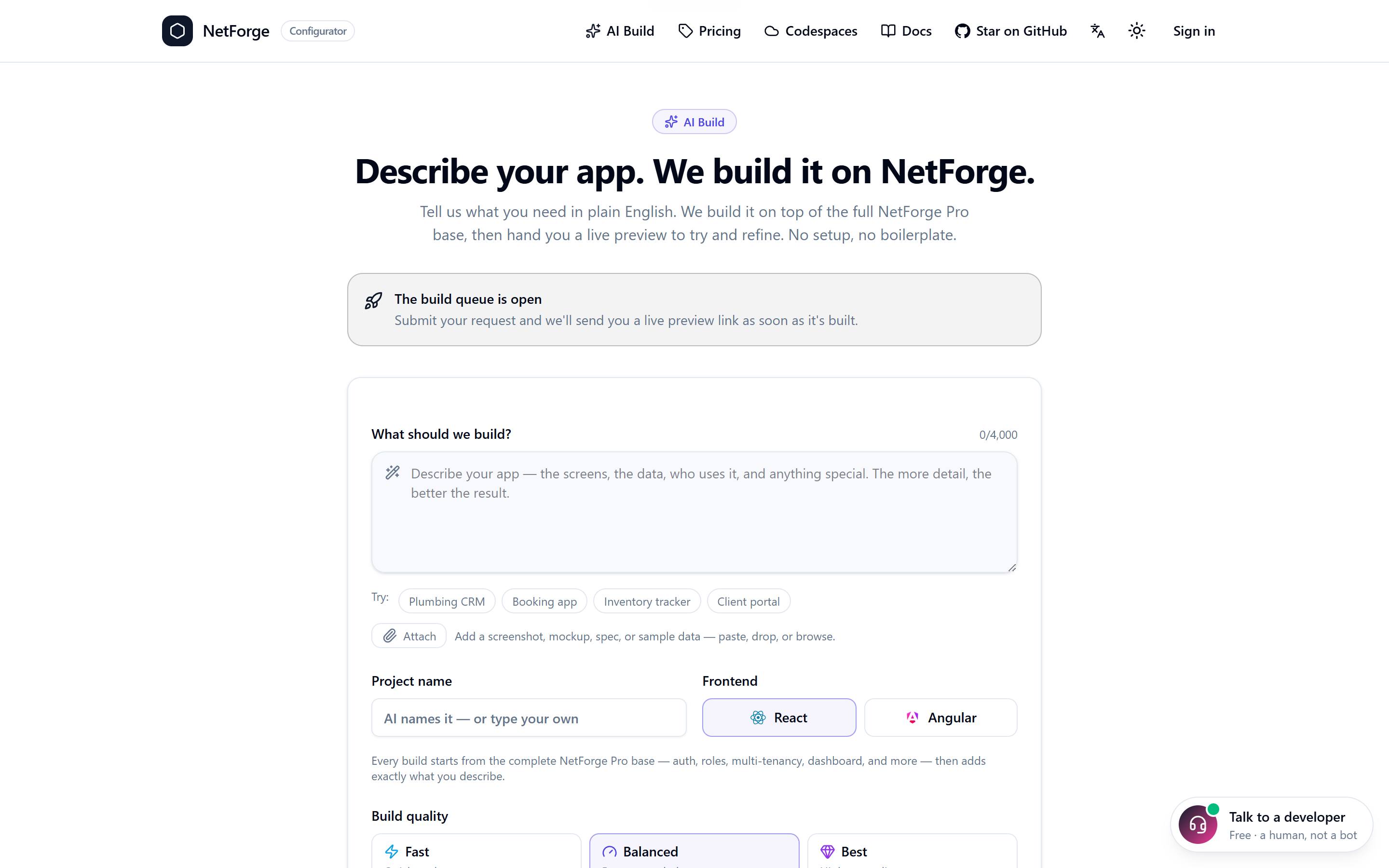 The AI build composer — a plain-language brief, frontend choice, and build quality