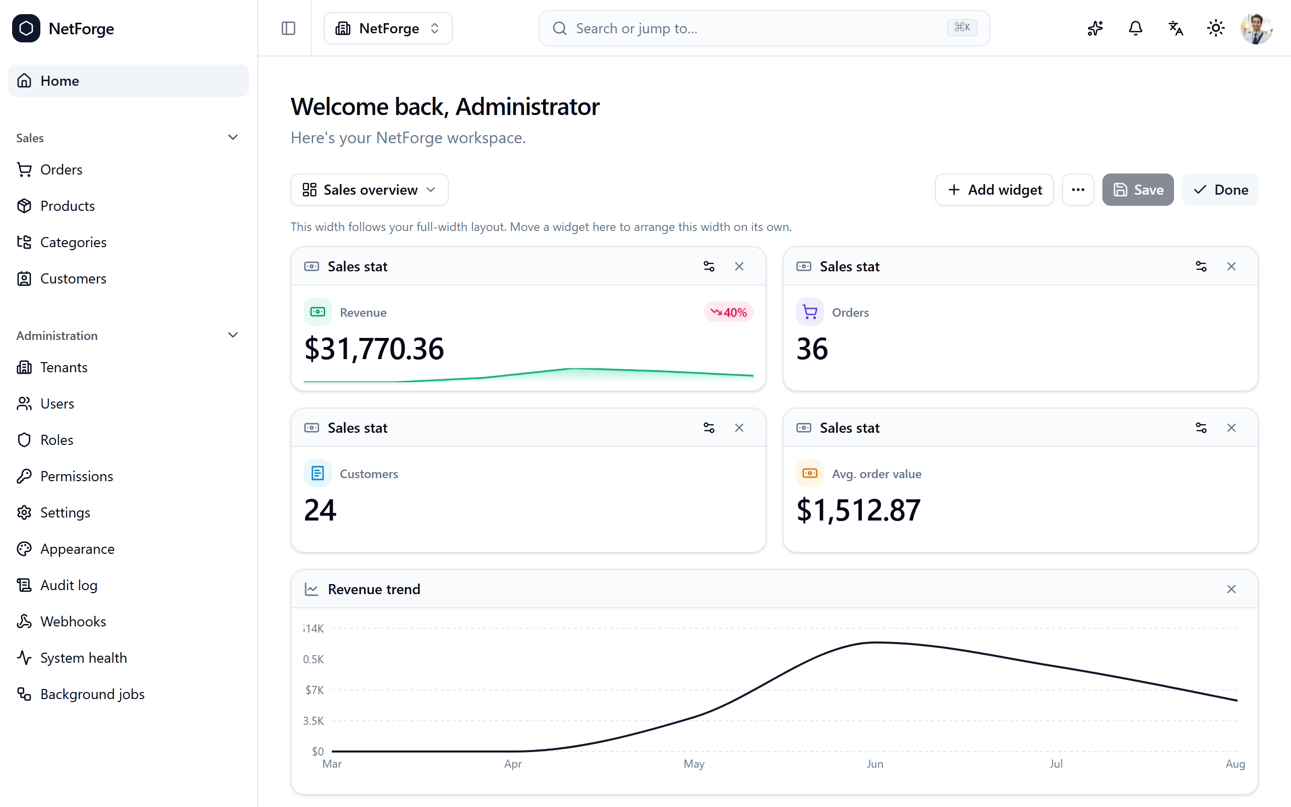 Editing the dashboard — drag handles, per-widget config, and Add widget