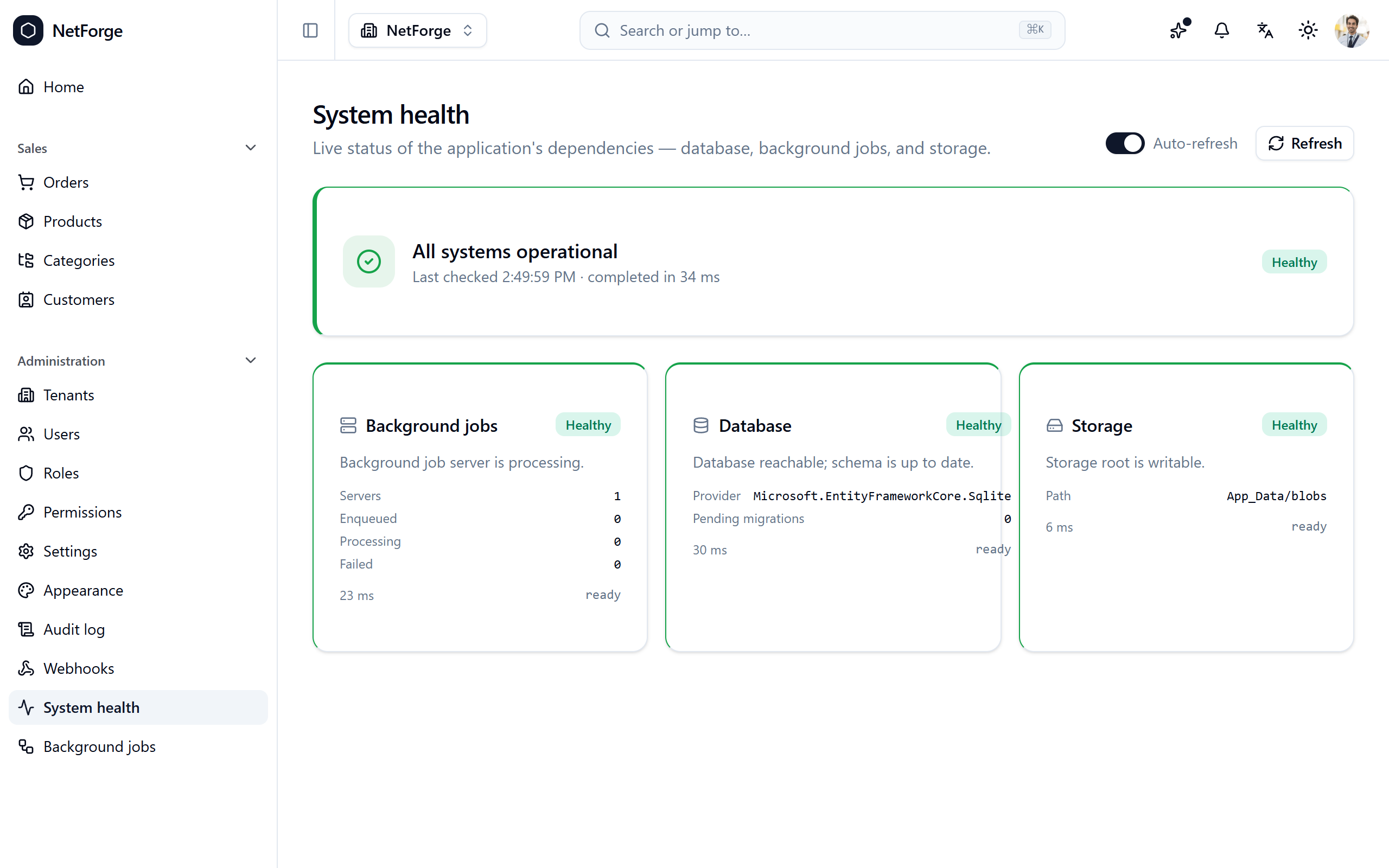 The admin health dashboard — database, background jobs, and storage, each with a live status