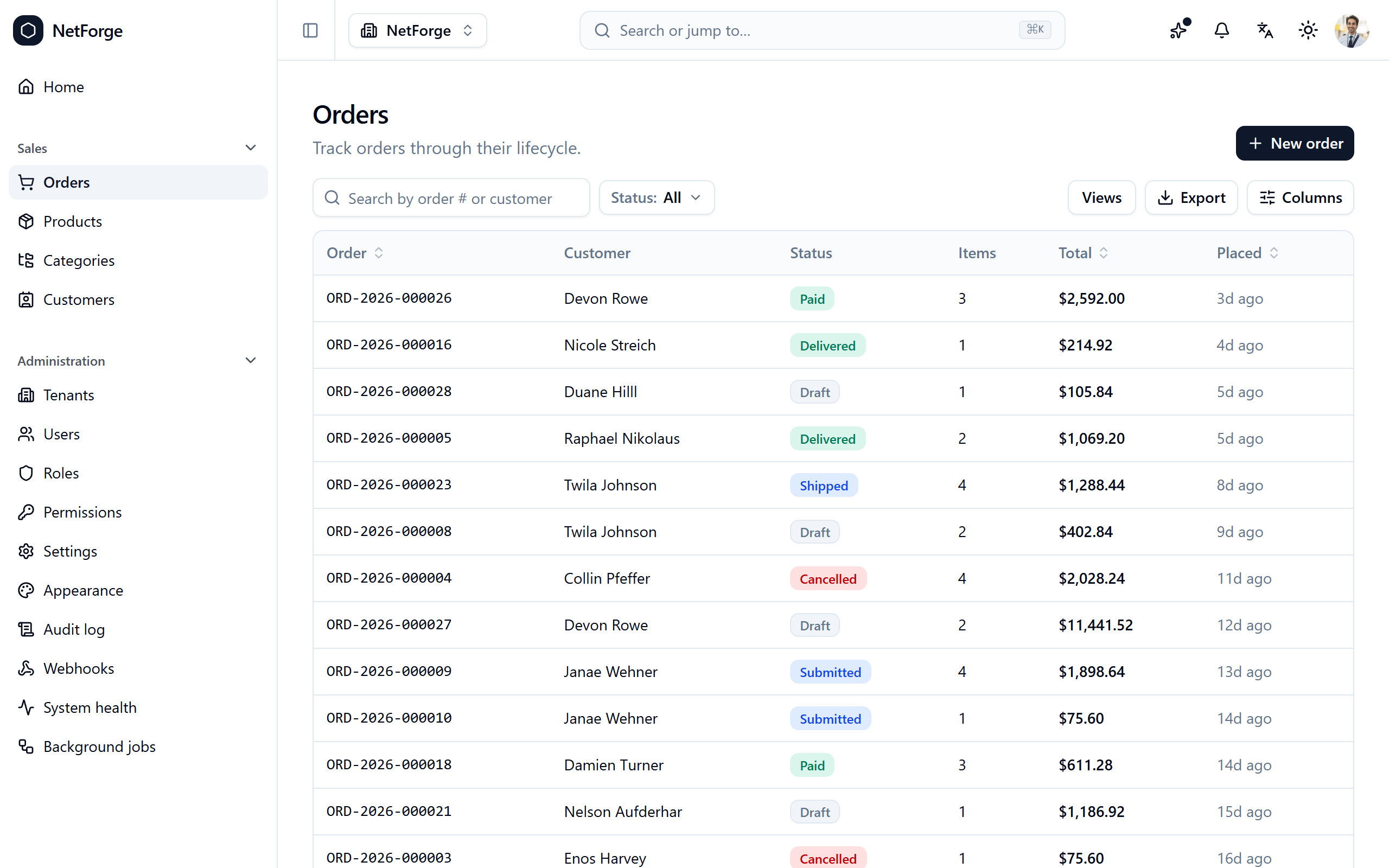 The orders list — a DataGrid with status filters and colour-coded badges