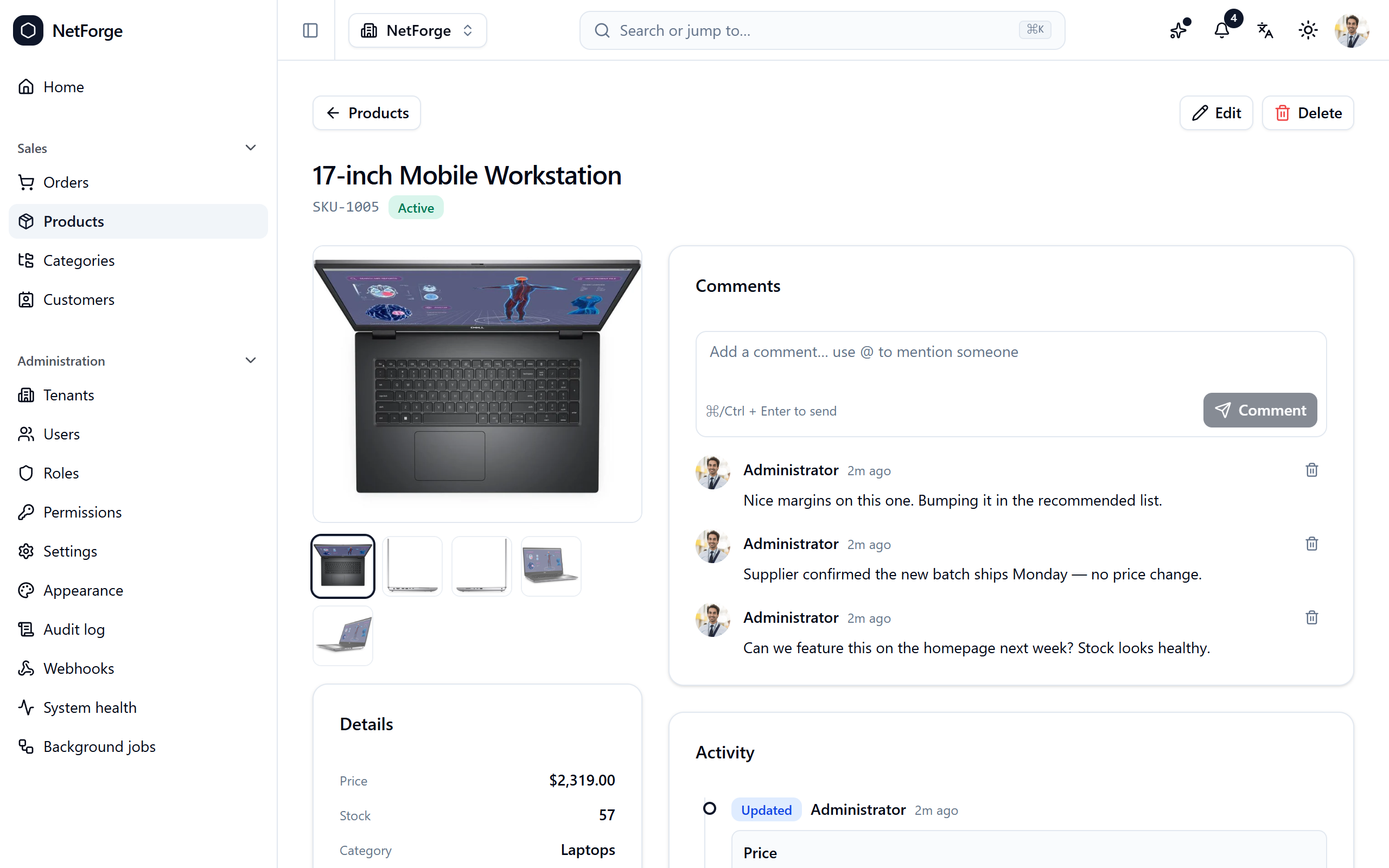 Product detail with activity timeline and comments
