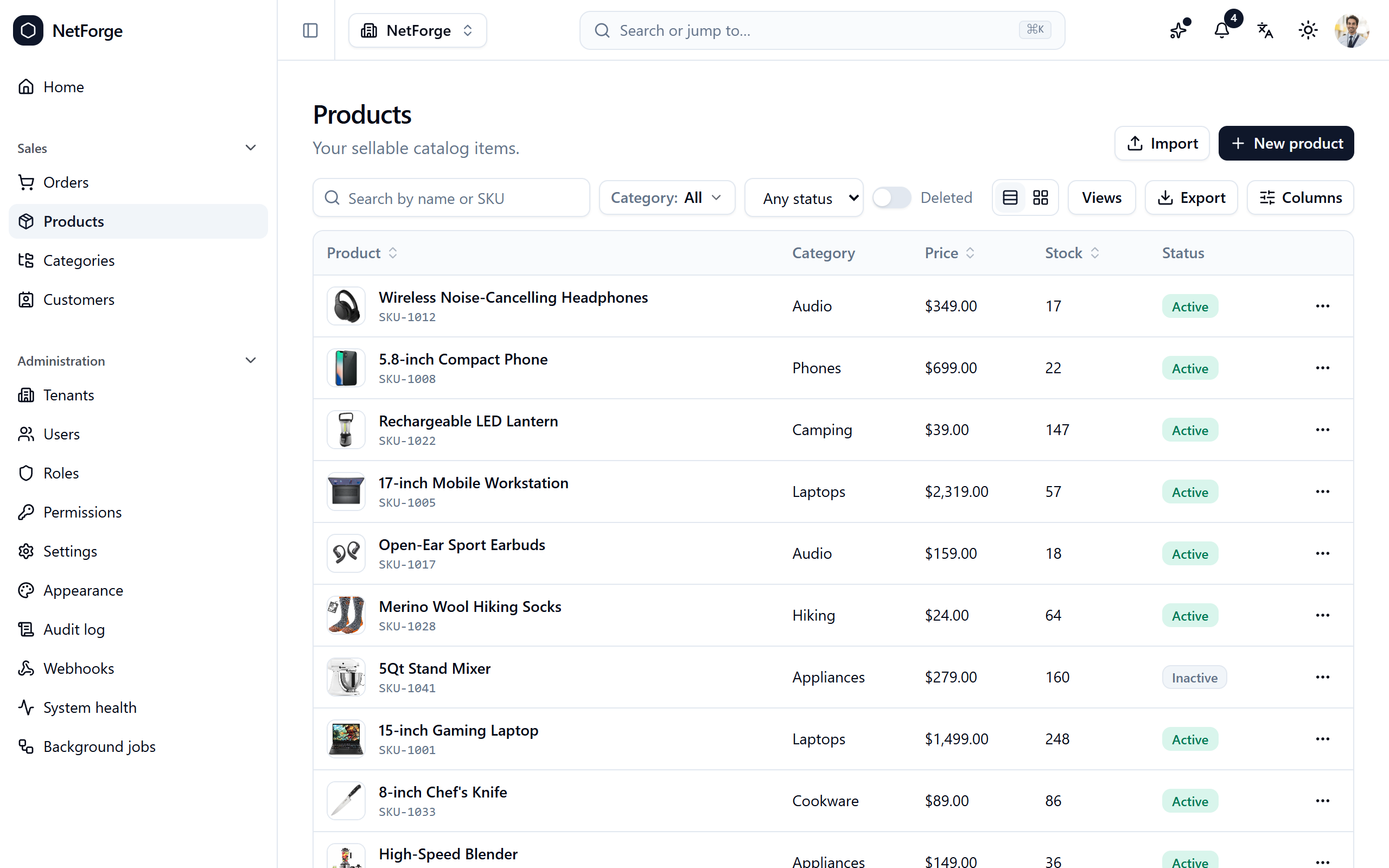 Product list with the DataGrid