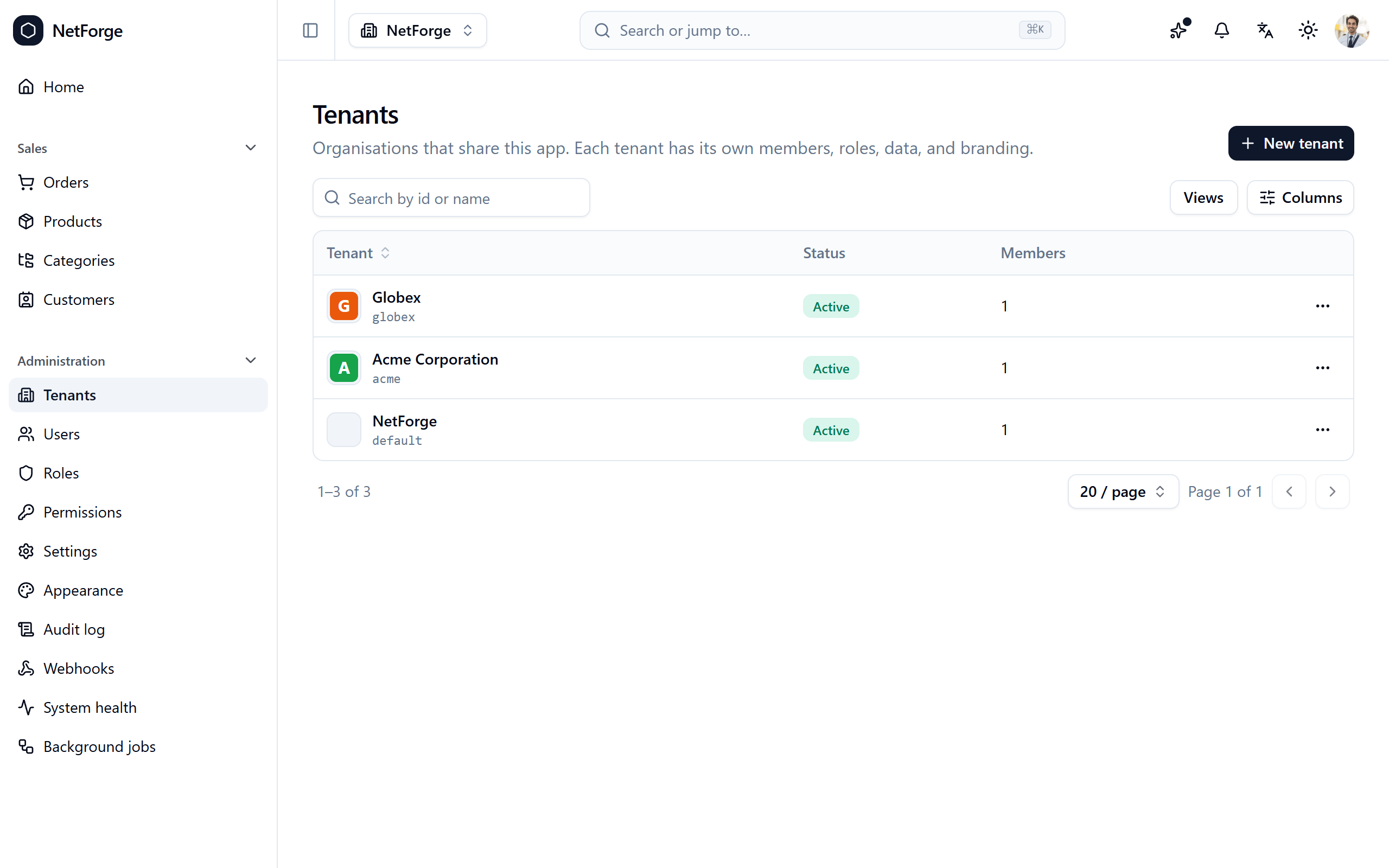 Tenants admin list with per-tenant branding