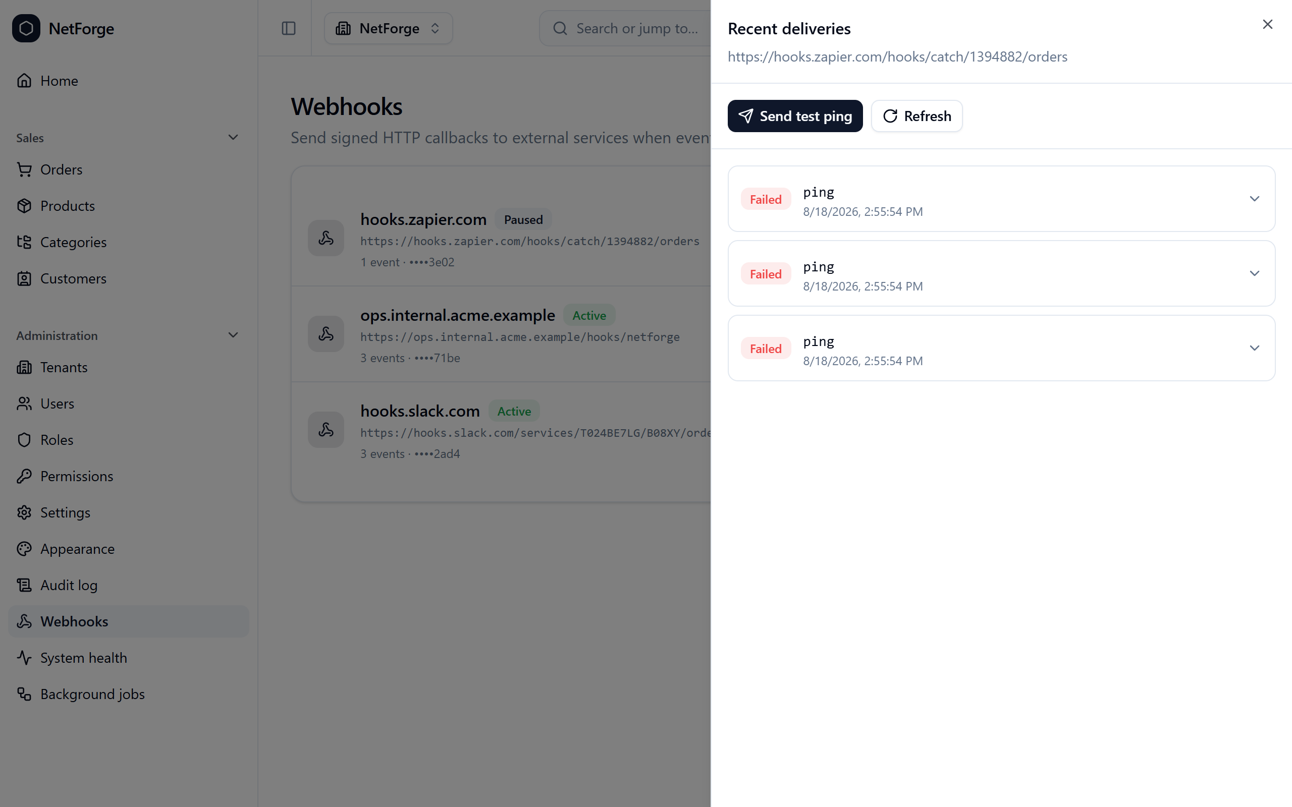 The per-endpoint delivery log — every attempt with its status and timing