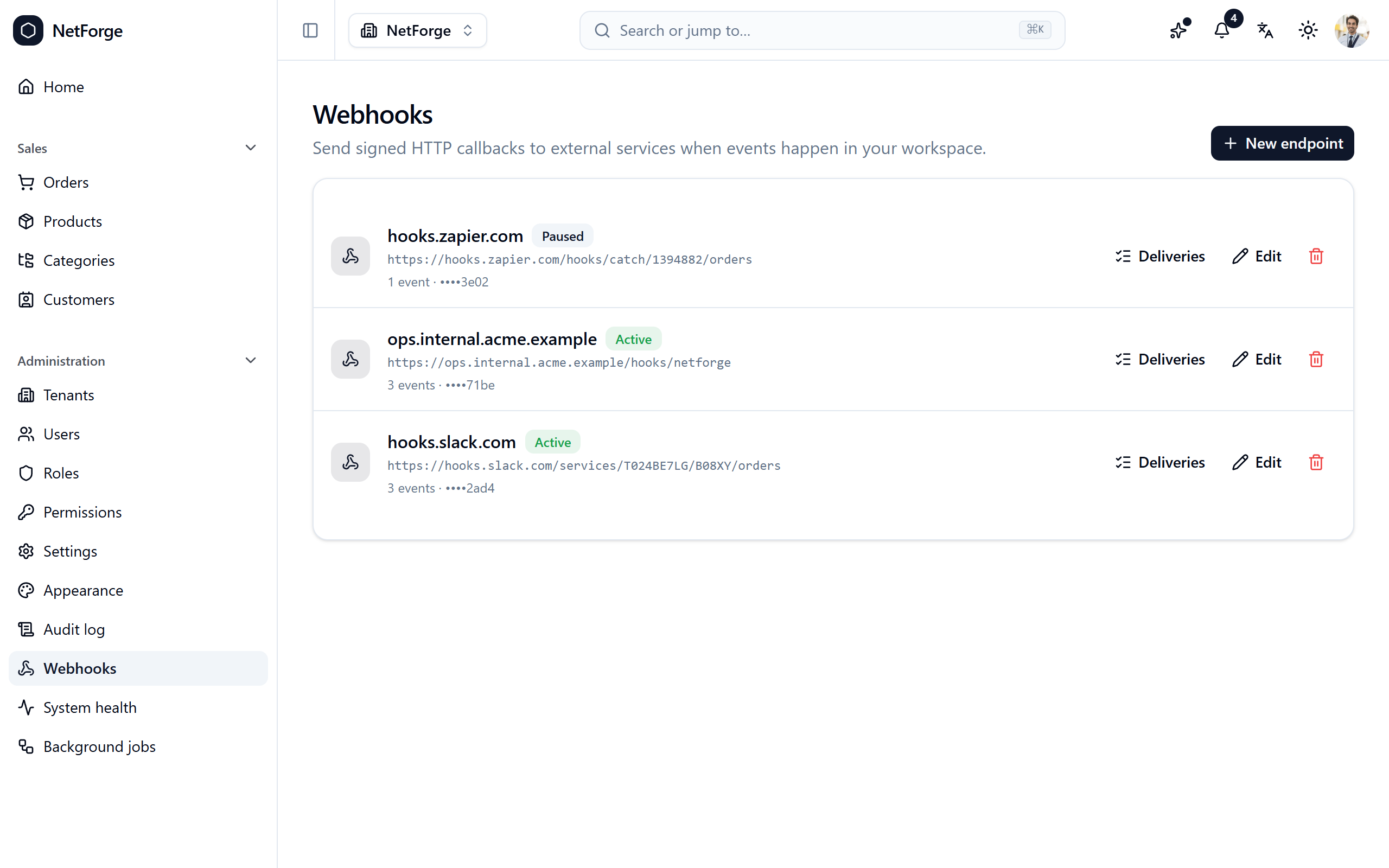 Webhooks admin — registered endpoints with their events and status